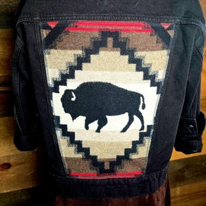 Black Denim Jacket with Patchwork - Lost Trail Pattern, Cowgirl Gifts