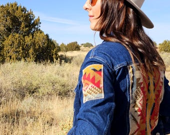 Western Denim Jacket, Upcycled Denim Jacket, Jean Jacket, Rodeo Jacket, Cowgirl Denim, Western Wear, Equestrian Jacket, Aztec Denim Jacket