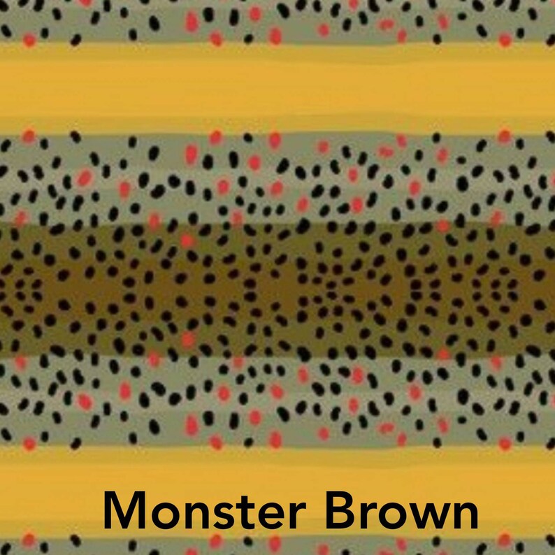 May include: A close-up of a fabric pattern with alternating stripes of yellow, green, and brown. The pattern features black and red dots. The text "Monster Brown" is printed at the bottom of the image.