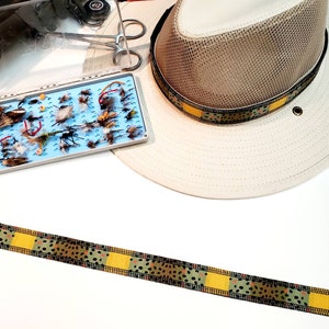 May include: A brown and tan patterned ribbon with yellow accents. The ribbon is laid out on a white surface. A fishing hat with a brown and tan patterned band is in the background.