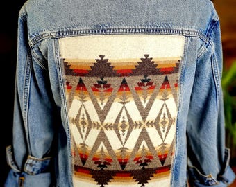 Western Denim Jacket, Upcycled Jean Jacket, Rodeo Outfit, Cowgirl Denim, Western Wear, Equestrian Jacket, Aztec Patches, Southwestern Coat