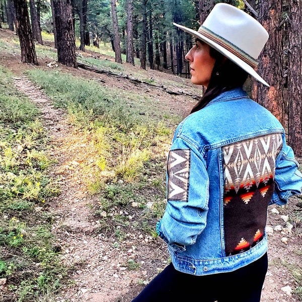 Western Denim Jacket, Upcycled Denim Jacket, Jean Jacket, Rodeo Jacket, Cowgirl Denim, Western Wear, Equestrian Jacket, Aztec Denim Jacket