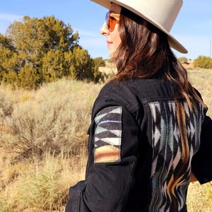 Black Denim Jacket, Jean Jacket, Western Outerwear, Upcycled Coat with Back Panel Patches, Wyeth Trail, Wool Patches, Cowgirl Gifts, Rodeo