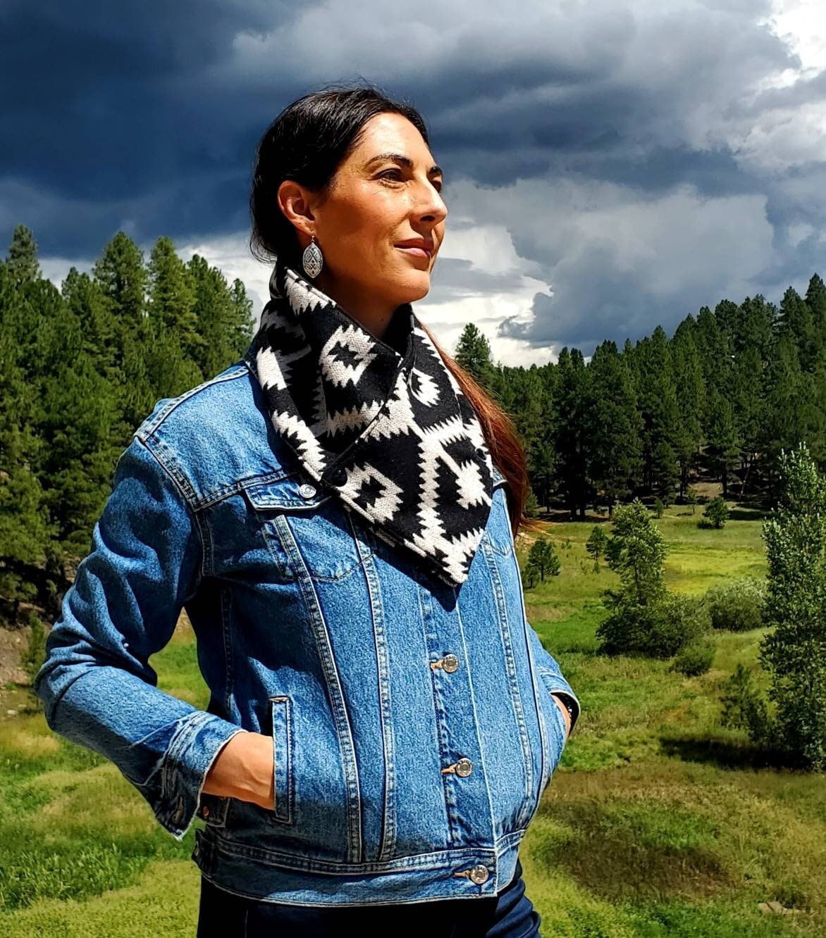 Wool Aztec Cowl, Southwestern Bandana Scarf with Snaps, Black and White Western Accessory, Horse Riding Scarf, NFR Accessory, Rodeo Outfit