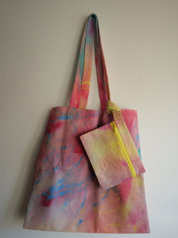 Canvas Tote Bag With Small Zipper Bag Unique Colorful Handmade