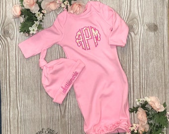 Personalized Newborn Gown and optional Knot Hat / Monogrammed Pink Baby Gown / Baby Going Home Outfit