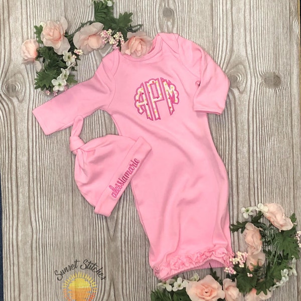 Personalized Newborn Gown and optional Knot Hat / Monogrammed Pink Baby Gown / Baby Going Home Outfit