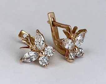 Vintage 585 14k Rose Gold Butterfly Earrings, Small Cubic Zirconia, Kids