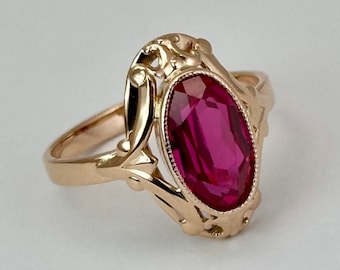 Vintage original rose gold 583 14k ring with ruby, ring size 6 3/4, 14k gold ring, ruby ring, 583 gold, rose gold ring, july birthstone ring