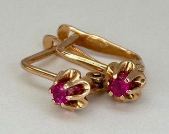 Vintage 14k 583 Rose Gold Ruby Earrings, Ukrainian Retro Gold