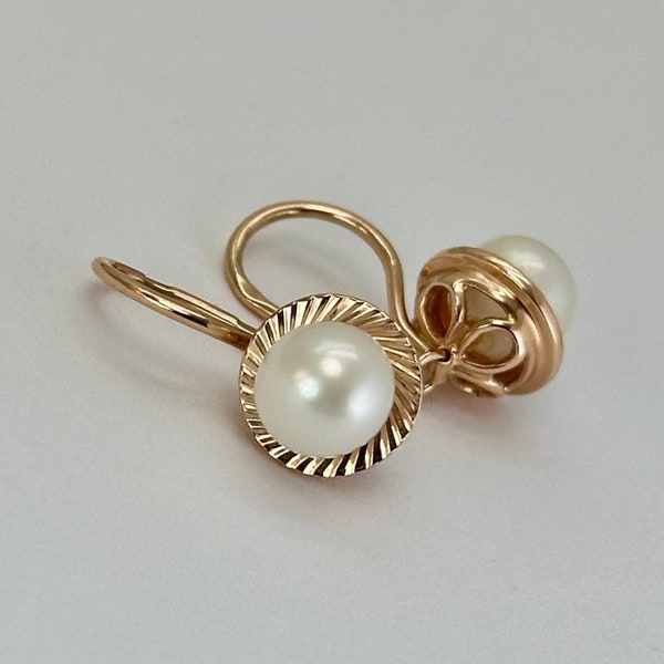 Vintage original solid rose gold 583 14k earrings with pearl, rose gold earrings, timeless earrings, pearl earrings, 14k, bridal earrings