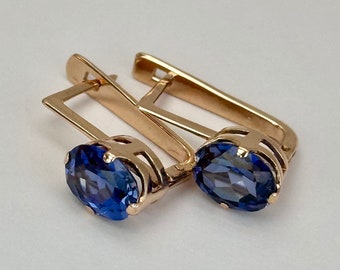 Vintage 14k 583 Rose Gold Sapphire Earrings, Ukraine, 1982