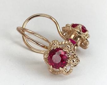 Vintage 14k 583 Rose Gold Ruby Earrings, Ukrainian Retro Jewelry