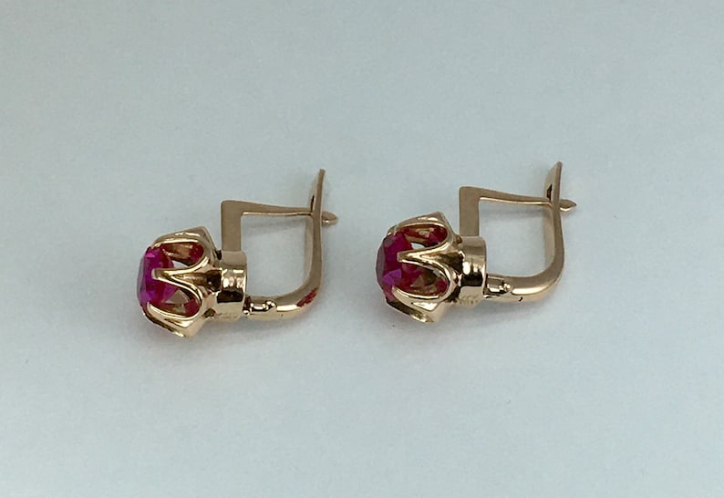 Vintage 14k 583 Rose Gold Ruby Earrings: Retro Kyiv Jewelry image 4