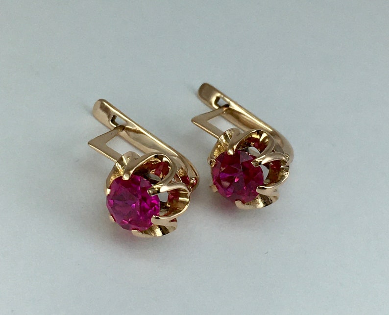 Vintage 14k 583 Rose Gold Ruby Earrings: Retro Kyiv Jewelry image 5