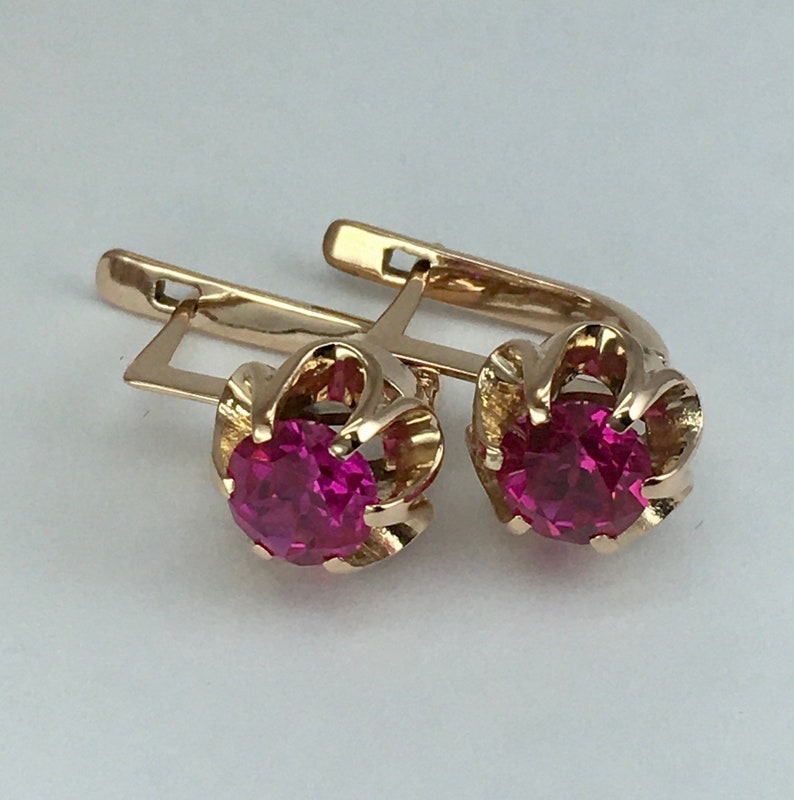 Vintage 14k 583 Rose Gold Ruby Earrings: Retro Kyiv Jewelry image 1