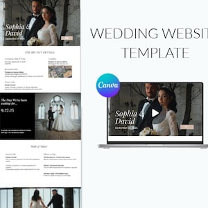 May include: A wedding website template displayed on a laptop and a vertical layout. The website features a photo of a couple, event details, and the text "WEDDING WEBSITE TEMPLATE". The Canva logo is also visible.