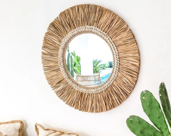 miroir mural tropical boho 60cm, miroir décoratif rond exclusif avec coquillages, fait main à Bali