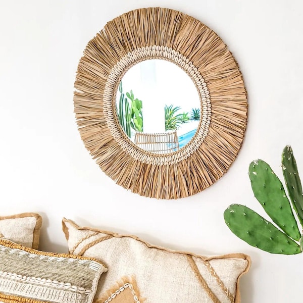 miroir mural tropical boho 60cm, miroir décoratif rond exclusif avec coquillages, fait main à Bali