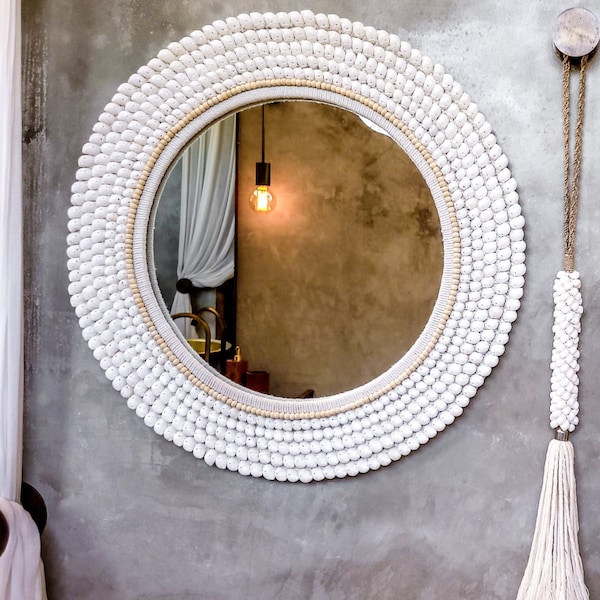 Miroir mural de luxe avec coquillages blancs de Bali, miroir mural rond de style boho, fait main