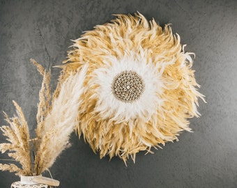 Plume Boho décoration murale, Juju jaune pêche-blanc 60cm avec coquillages Kauri, décoration intérieure tribale