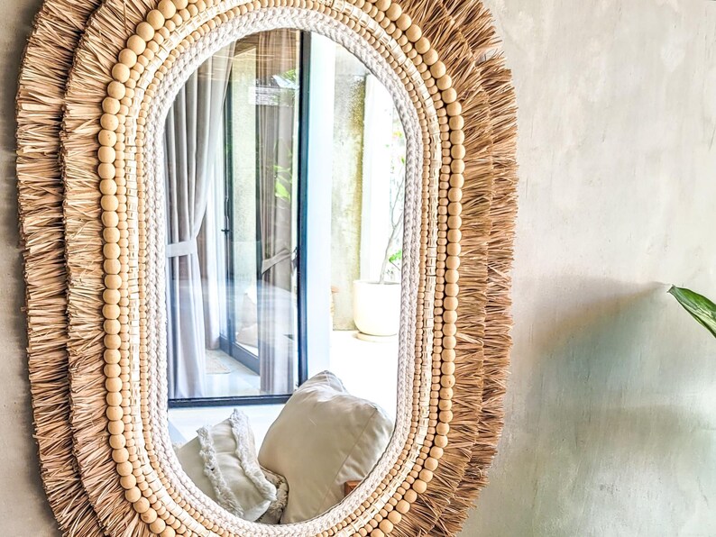 Handgemachter Bali Spiegel mit Raffia Bündeln