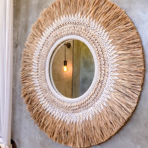 Round boho wall mirror with fringes and shells, 63 cm, handmade in Bali