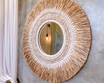 Espejo de pared redondo estilo boho con flecos y conchas, 63 cm, hecho a mano en Bali