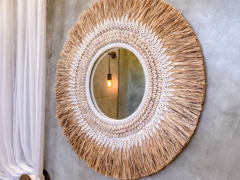 Miroir mural rond boho avec franges et coquillages, 63 cm, fait main à Bali image 1