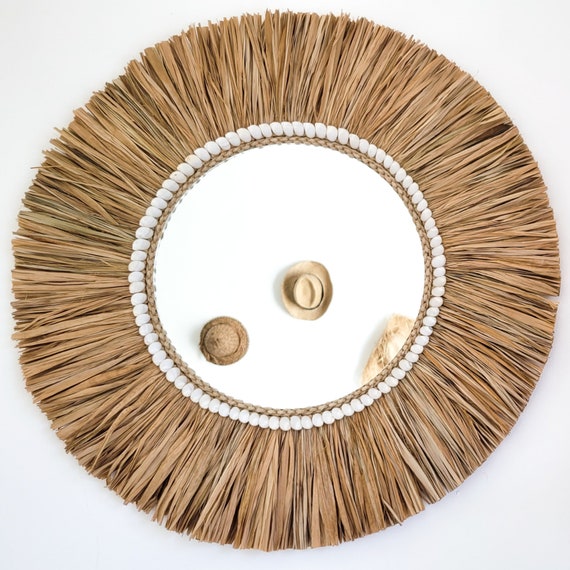 großer runder Boho Wandspiegel aus Raffia und Muscheln 60 cm handgefertigte Dekoration