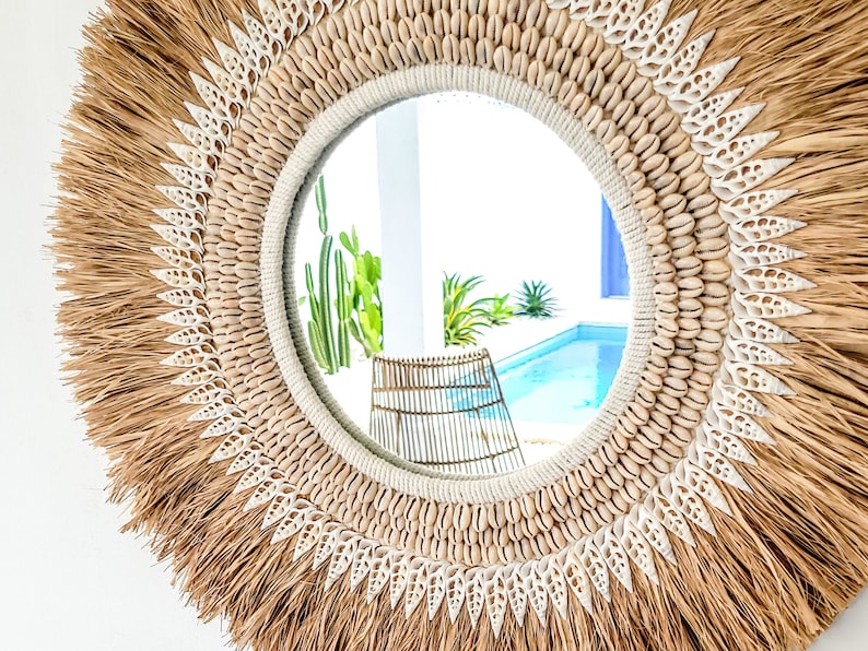 Miroir mural rond boho avec franges et coquillages, 63 cm, fait main à Bali image 2