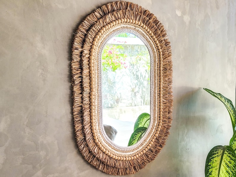 Bohemian Spiegel handgemacht mit Holzperlen und Makramee
