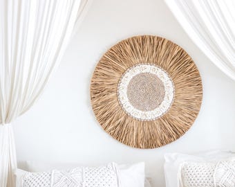 Tropical Boho Wall Decor with Shells 60 cm Handmade Raffia Wall Hanging from Bali