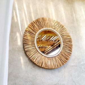 Large Round Boho Wall Mirror 60 cm Handmade Raffia and Shell Decoration