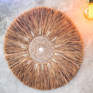 decorazione murale tropicale con conchiglie, arredamento in stile boho, parete appesa in rafia per il soggiorno immagine 7