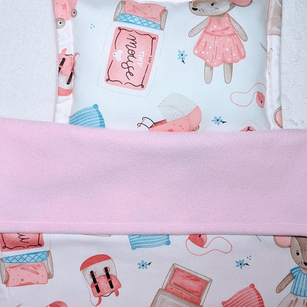 Dolls pram cot bedding set blanket and pillow. Pretty mouse design with baby pink fleece reverse Birthday gift