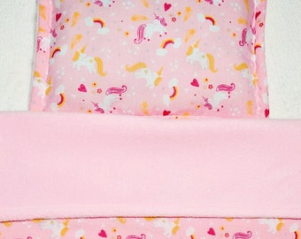 Dolls Pram Cot Bedding Set Pink Unicorn Blanket and Pillow set with pink fleece Christmas gift