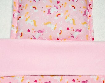 Dolls pram cot bedding set blanket and pillow. Pink unicorn pattern with baby pink fleece reverse