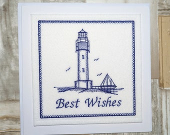 Machine embroidered lighthouse card Birthday card Best Wishes card Greetings card Handmade card Bluework design