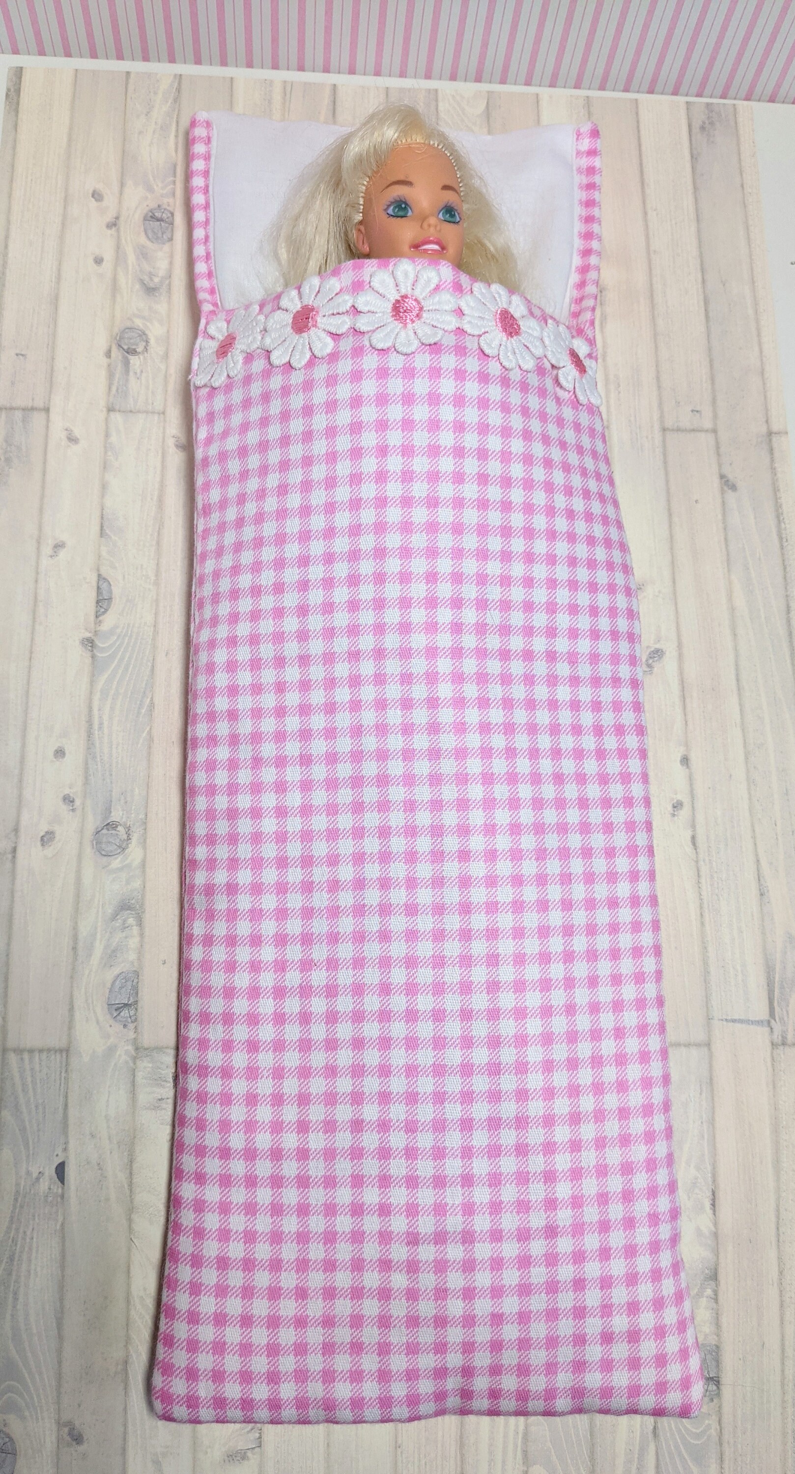 Barbie Doll Padded Sleeping Bag. Pink gingham with flower trim Etsy