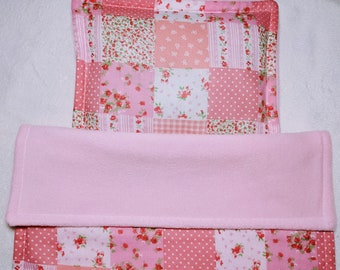 Dolls pram cot bedding set blanket and pillow. Pretty pink white patchwork effect with baby pink fleece Christmas gift