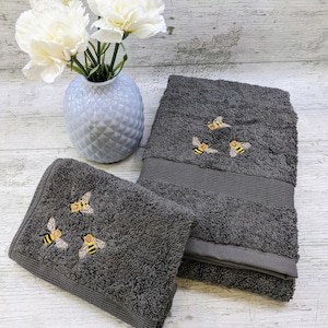 Embroidered hand towel and Facecloth Set. Mini bees design Birthday Gift Egyptian cotton 600gsm charcoal grey Mini Bees