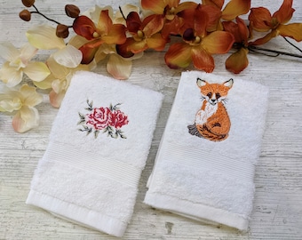 Embroidered face cloth. Lovely Egyptian cotton flannel white. Fox or Roses design. Birthday Gift