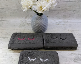 Embroidered eyelashes Facecloth. Lovely Egyptian 100% cotton. Charcoal grey with choice of White, Pink or Black Eyelashes. Make up flannel