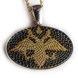 Byzantine double headed eagle  micro mosaic pendant in solid silver 925 double rhodium plated