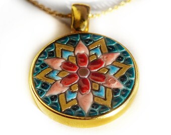 Geometric red / pink flower micro mosaic pendant in solid silver 925 double gold plated 24k