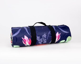 Australian Natives Quilted Picnic Blanket - Waterproof Beach Mat with Carry Straps, Blue, Purple