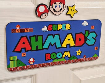 Gepersonaliseerde op Super Mario geïnspireerde deurbord kinderkamer / deurbord met gamethema