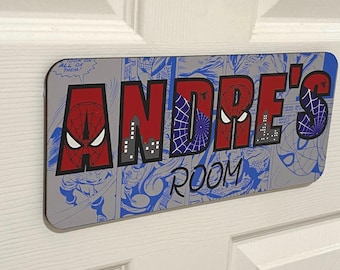 Plaque nominative personnalisée Spider-Man | Décoration de porte en bois personnalisée super-héros