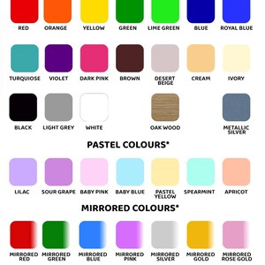 May include: A chart showing a variety of solid, pastel, and mirrored colors. The colors are arranged in rows and columns, with each color labeled with its name. The chart includes colors such as red, orange, yellow, green, blue, purple, pink, brown, black, white, gray, and silver.